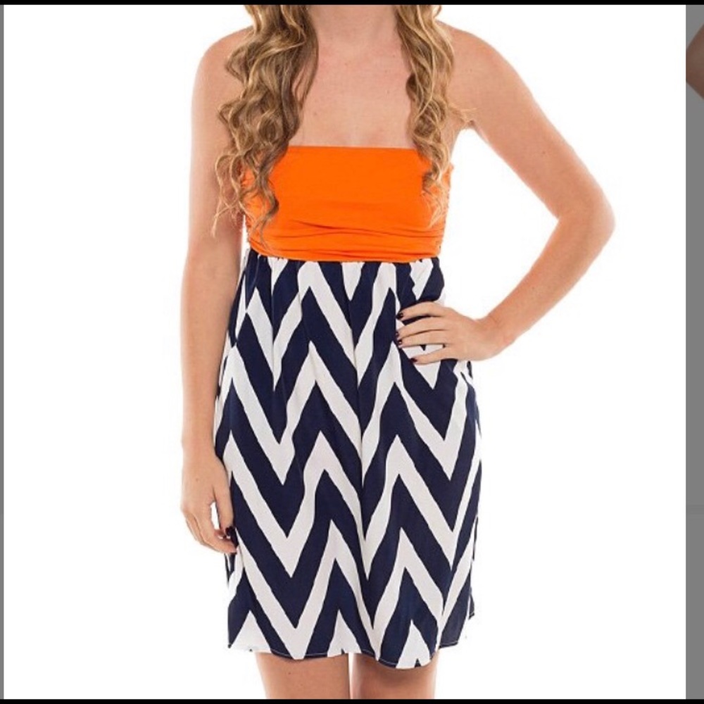 Orange and navy chevron strapless dress